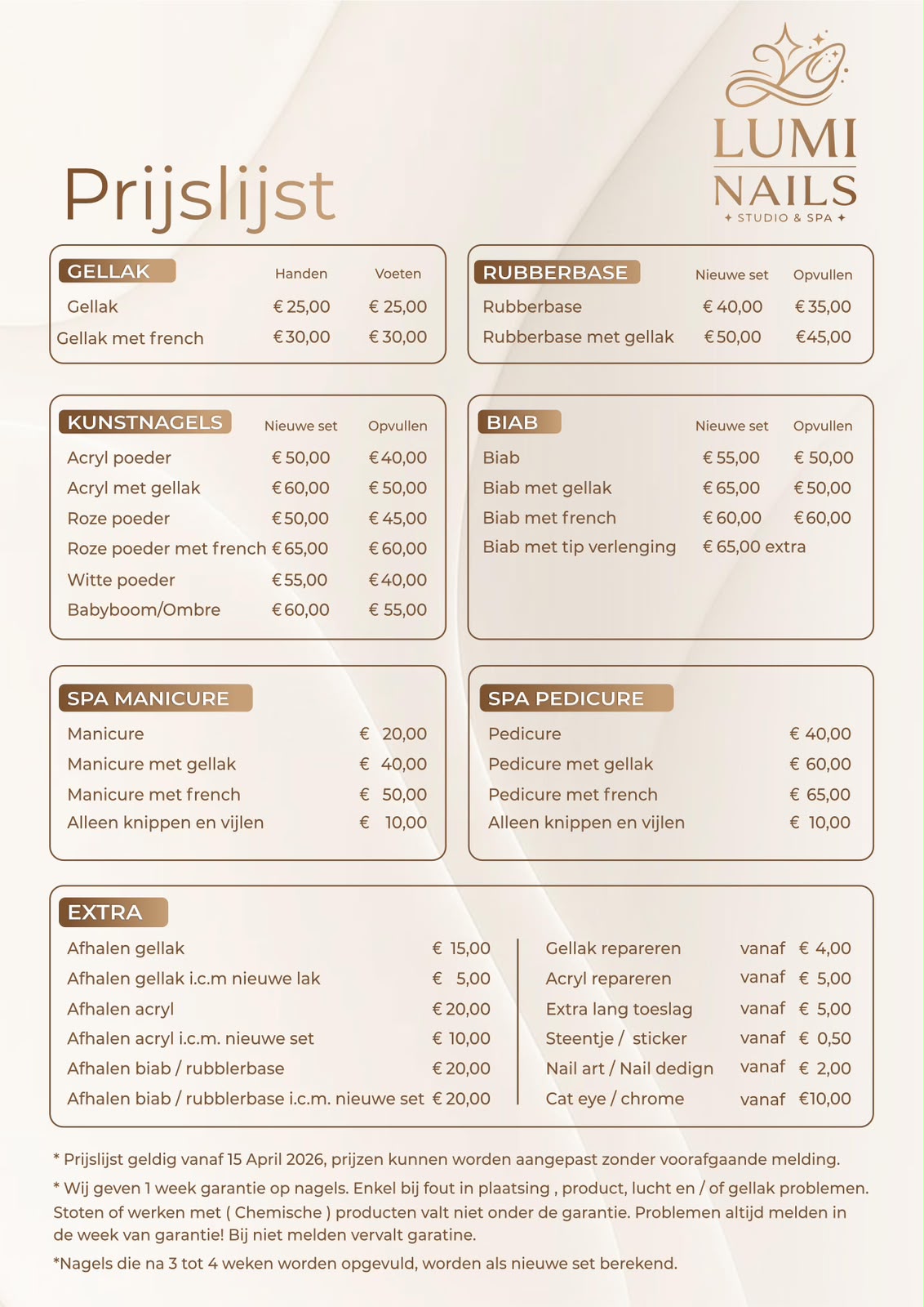 Prijslijst van Lumi Nails Studio & Spa — Gellak, Rubberbase, Kunstnagels, BIAB, Spa Manicure, Spa Pedicure en extra's