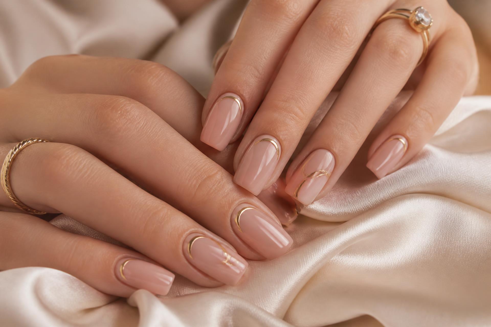 Luxe nude nagels met champagnegouden randen bij Lumi Nails Studio & Spa