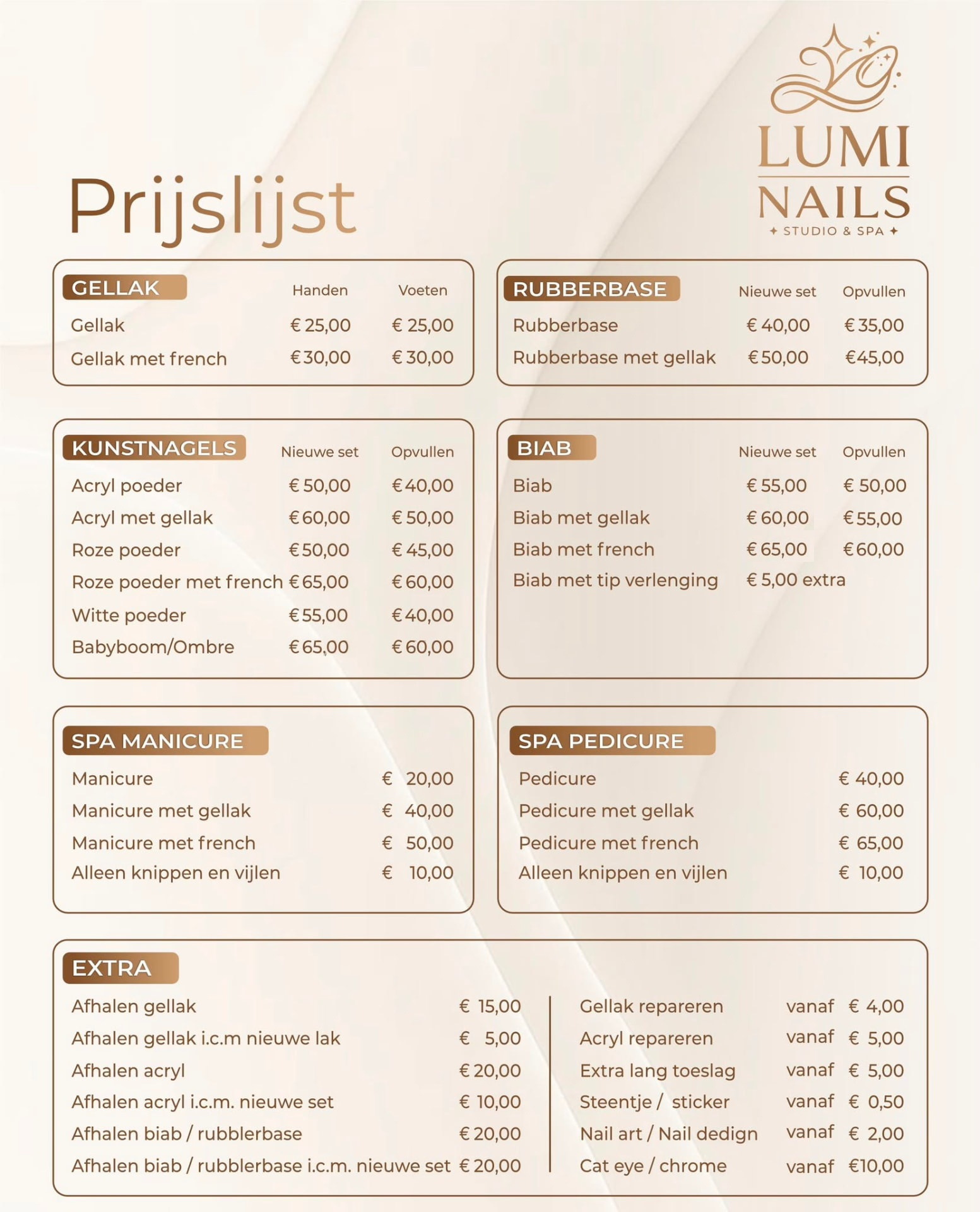 Prijslijst van Lumi Nails Studio & Spa — Gellak, Rubberbase, Kunstnagels, BIAB, Spa Manicure, Spa Pedicure en extra's